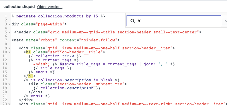 Shopify Code-Sprache im Theme-Editor bearbeiten, um Überschrift-Tags auf der Seite zu ändern