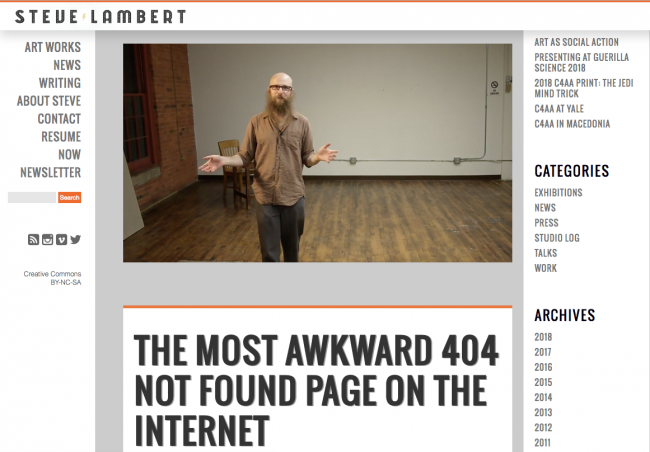 exemplo de mensagem de erro 404 do site de Steve Lambert